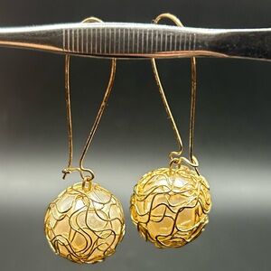 Gold Tone Metal Wire Drop Dangle Pearlescent Bead Earrings, Jewelry